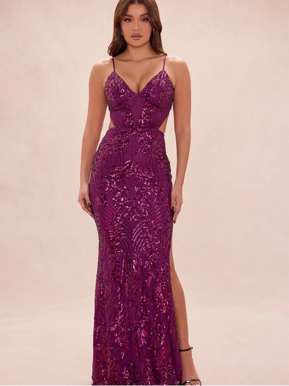 Fashion Nova Sequin Plum Cutout Spaghetti-Strap Prom Gown